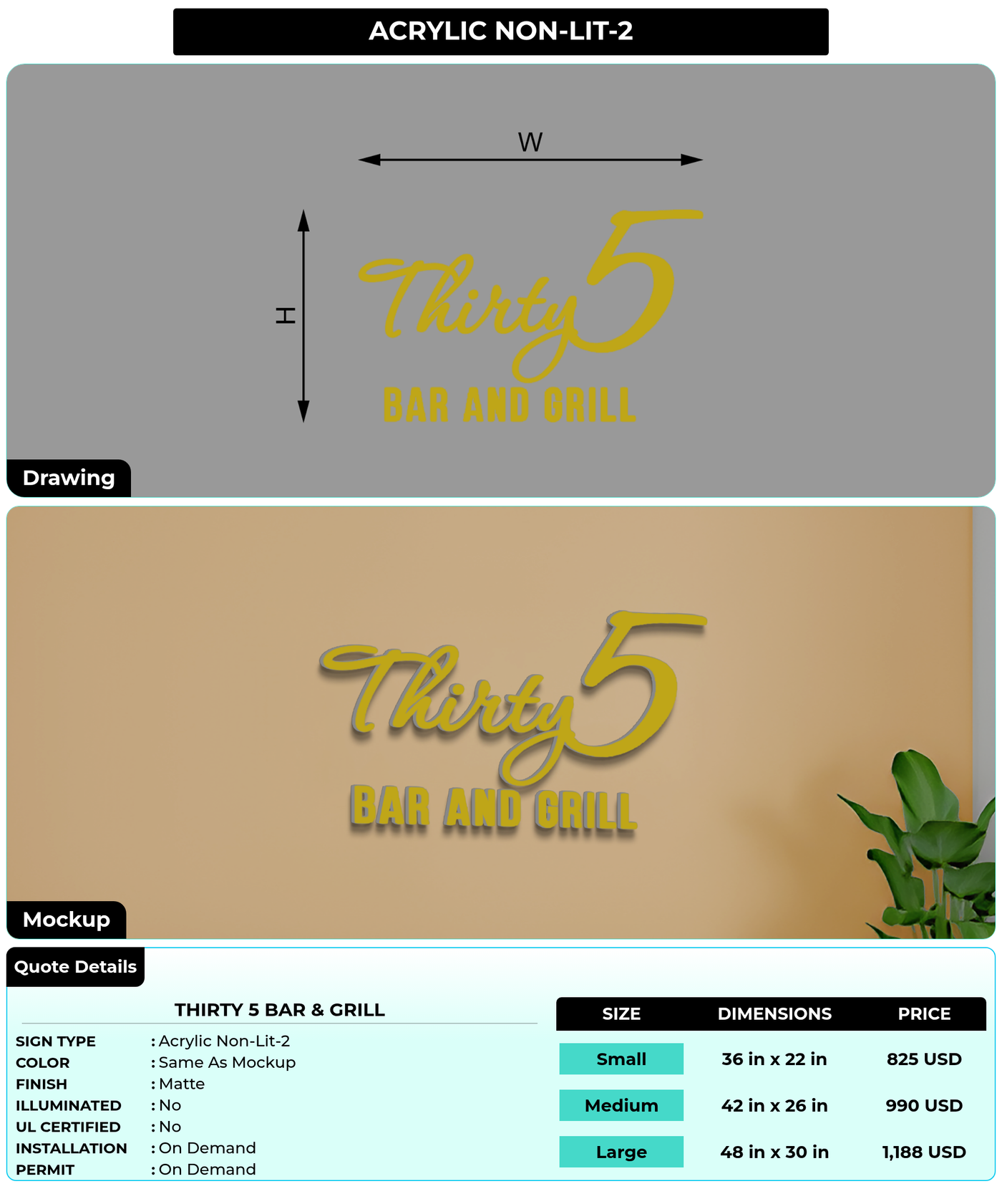 CUSTOM MOCKUP SIGN FOR Thirty 5 Bar & Grill