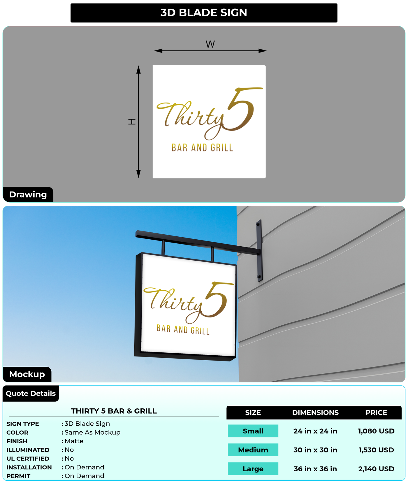 CUSTOM MOCKUP SIGN FOR Thirty 5 Bar & Grill