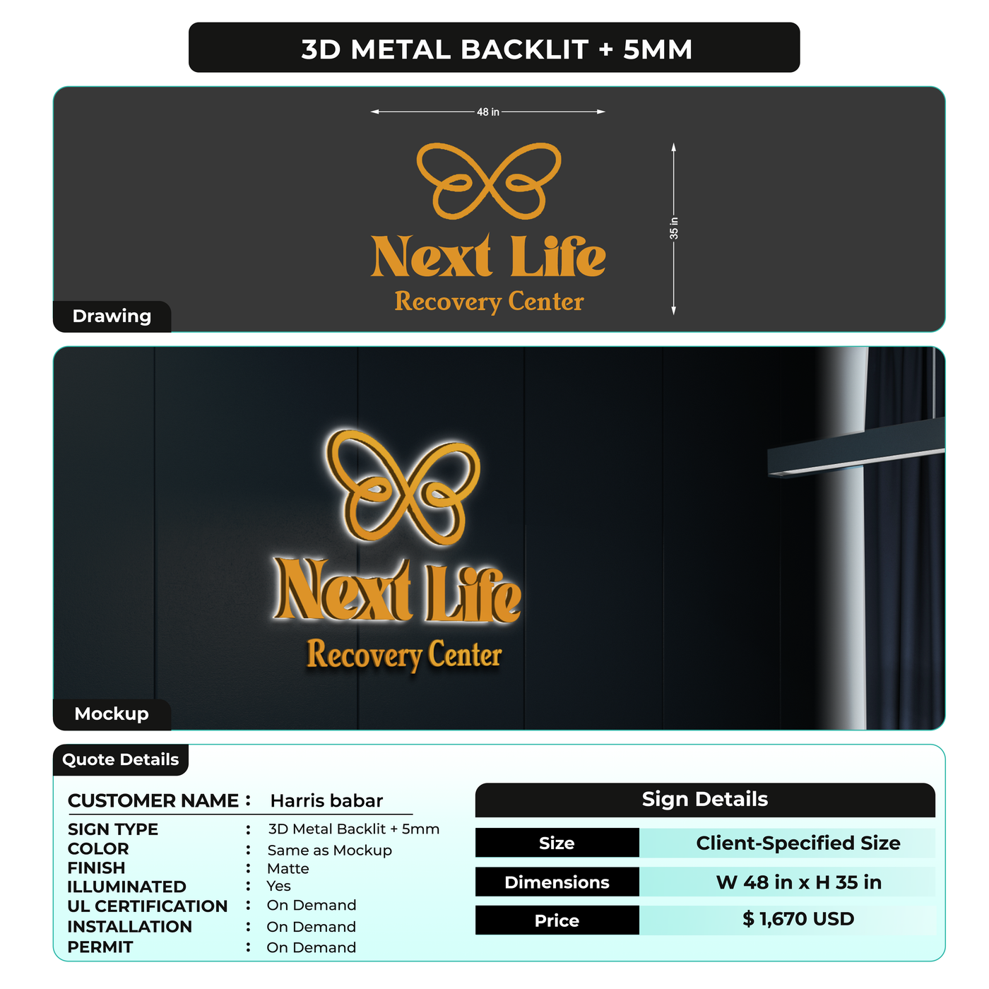 3D Metal Backlit For Harris babar