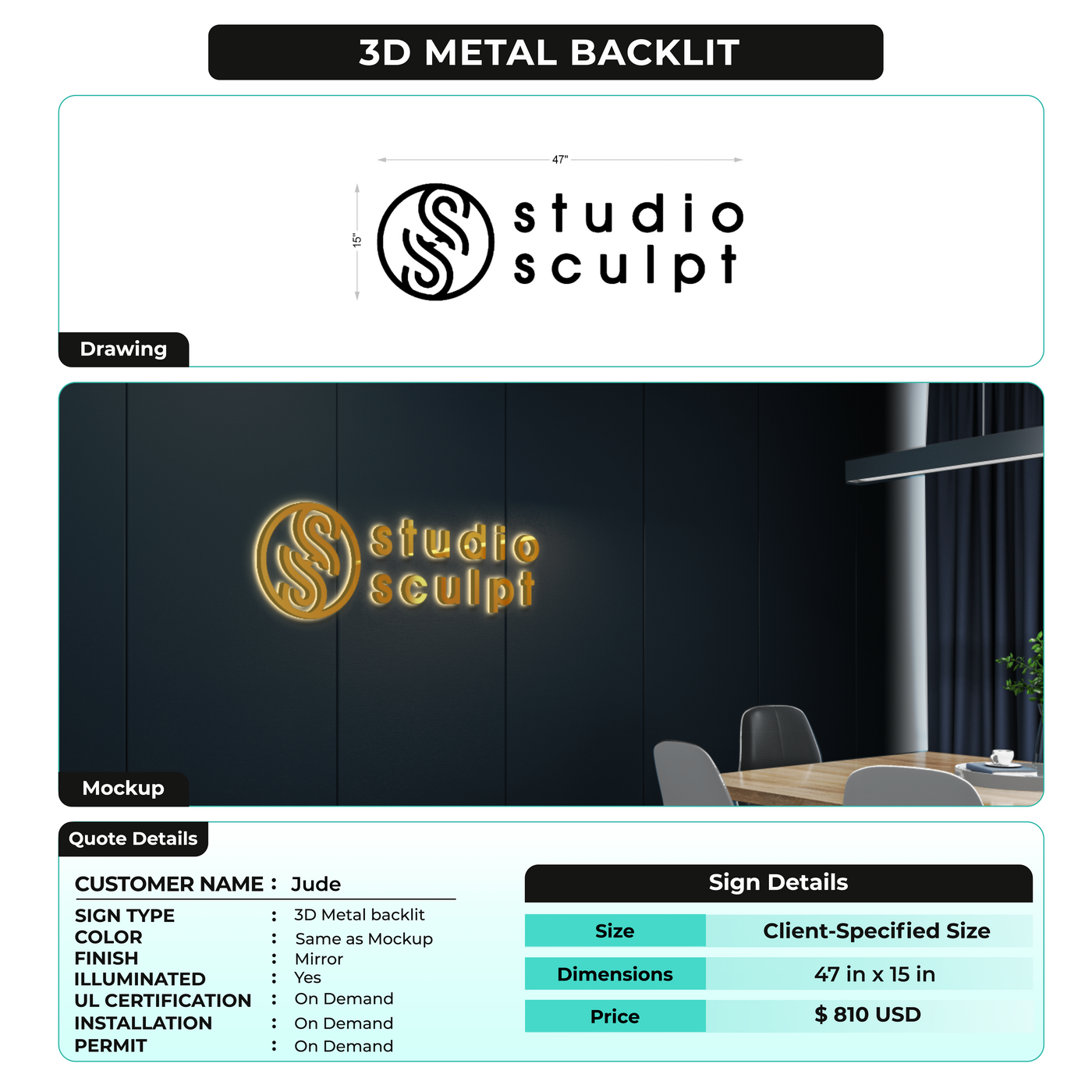 3D Metal Backlit Signs for Jude