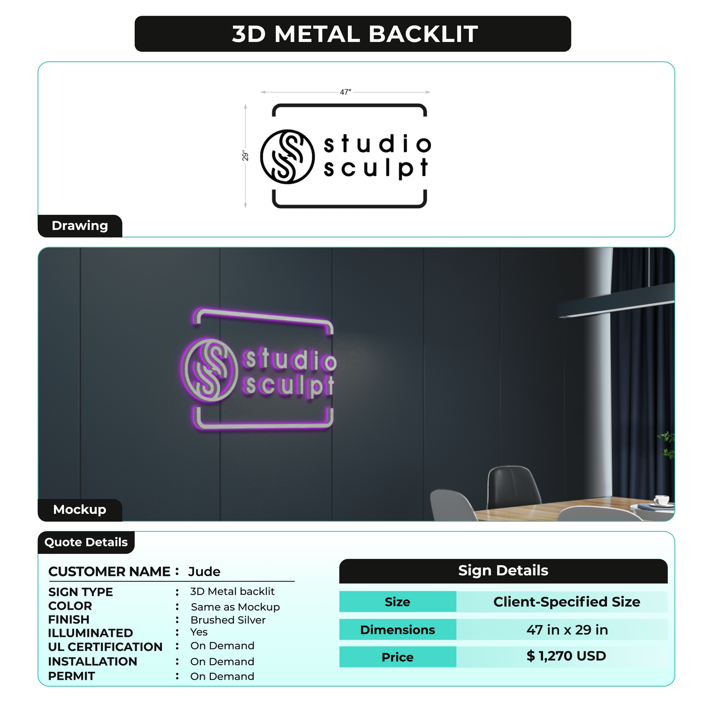 3D Metal Backlit Signs for Jude