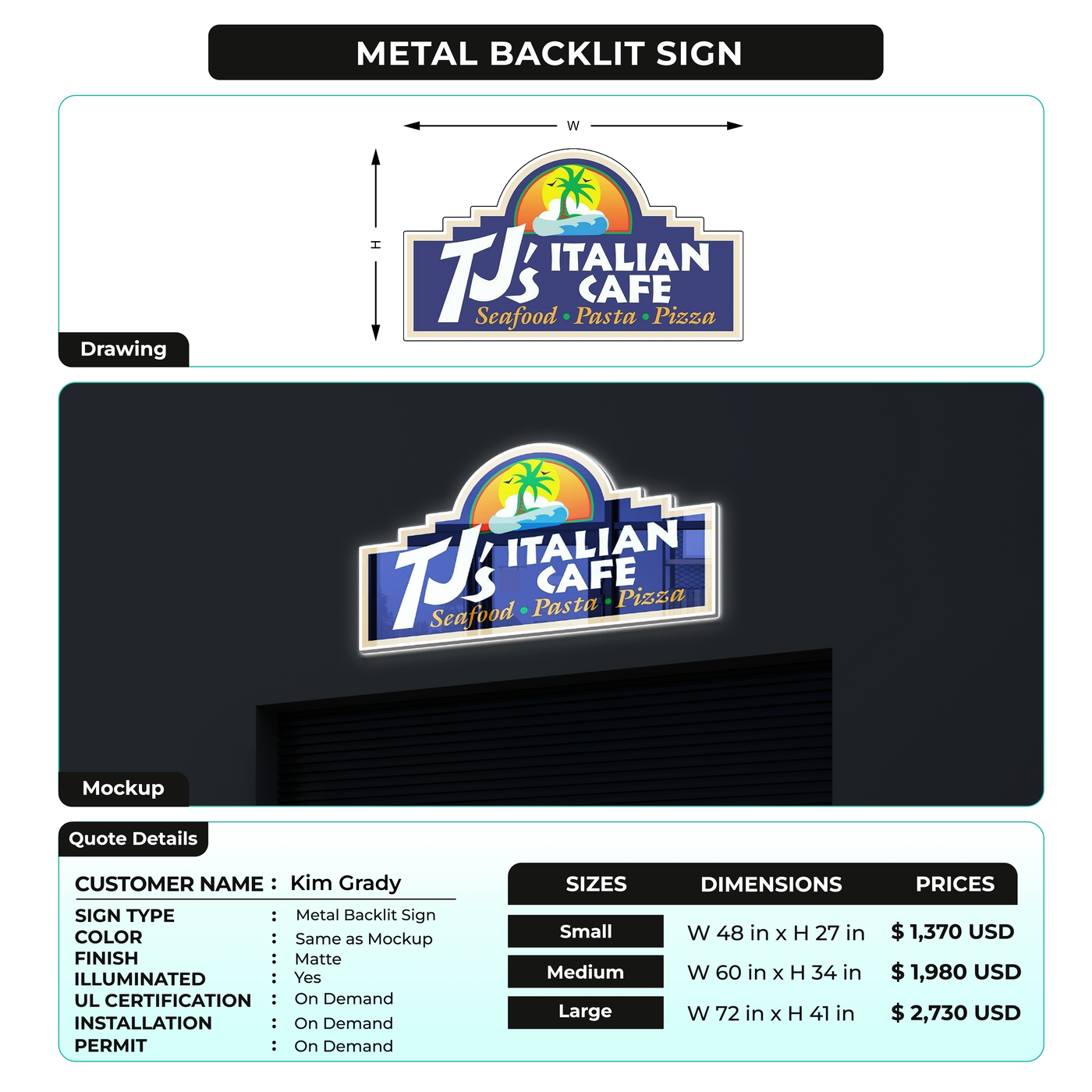 3D Metal Backlit Sign for Kim Grady