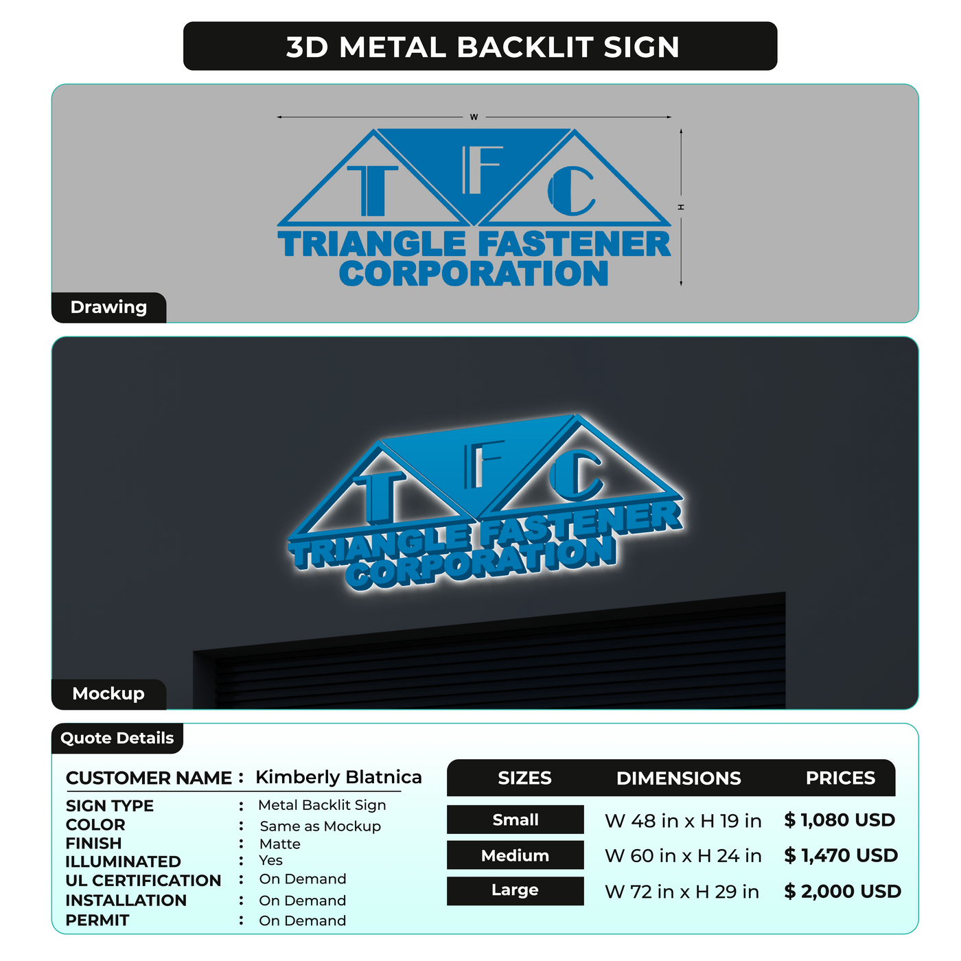 3D Metal Backlit Sign for Kimberly Blatnica