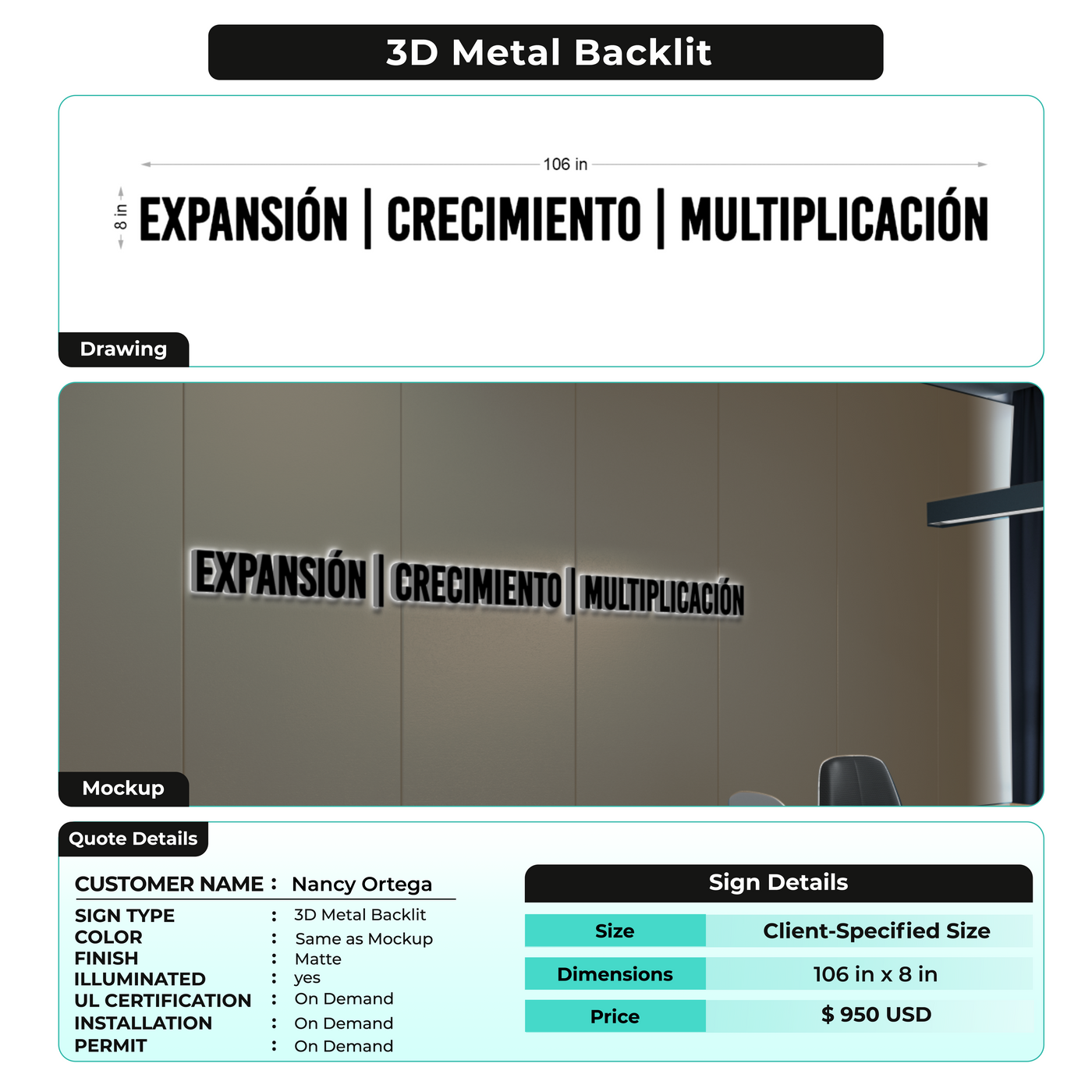 3D Metal Back-lit Sign For Nancy Ortega