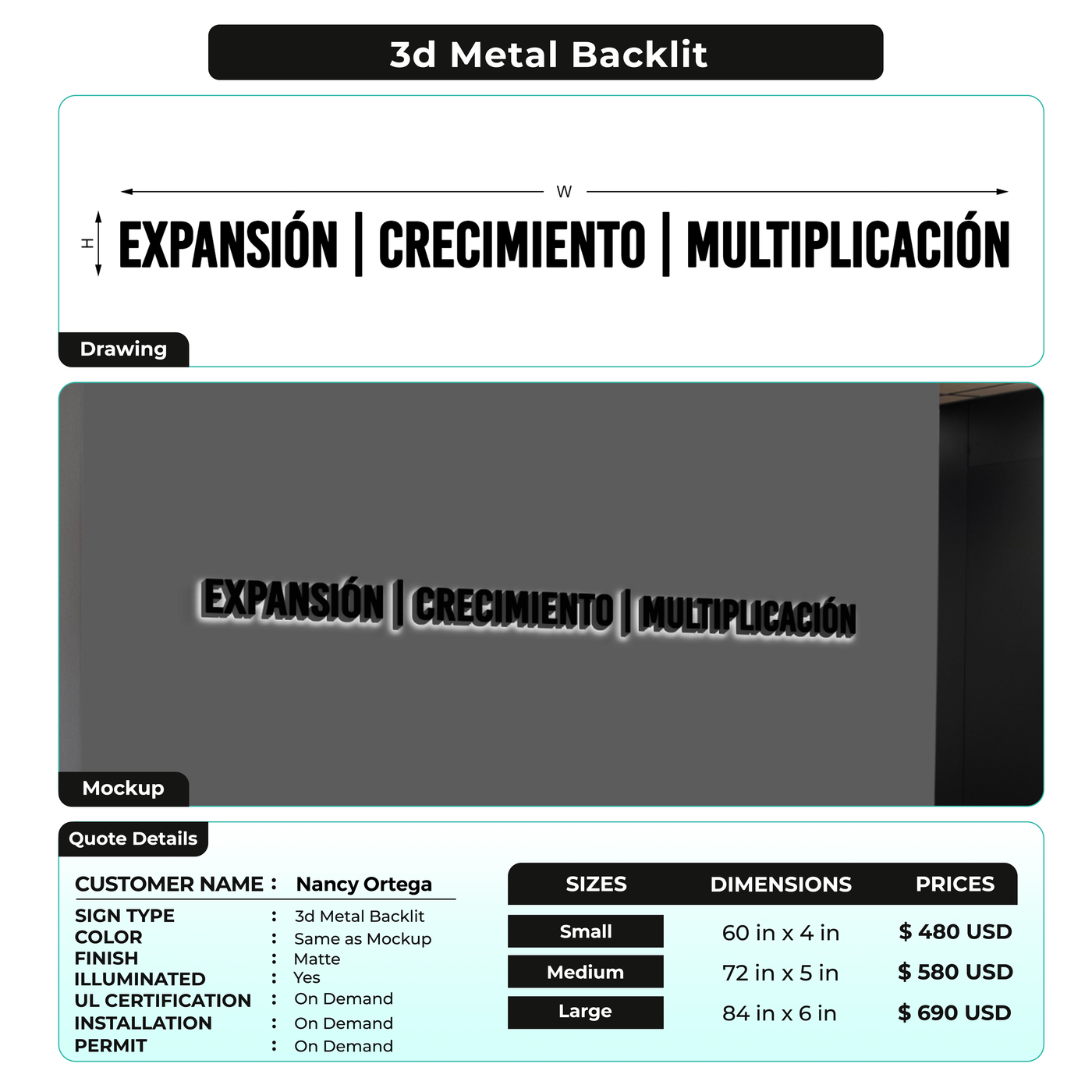 3d metal backlit for Nancy Ortega