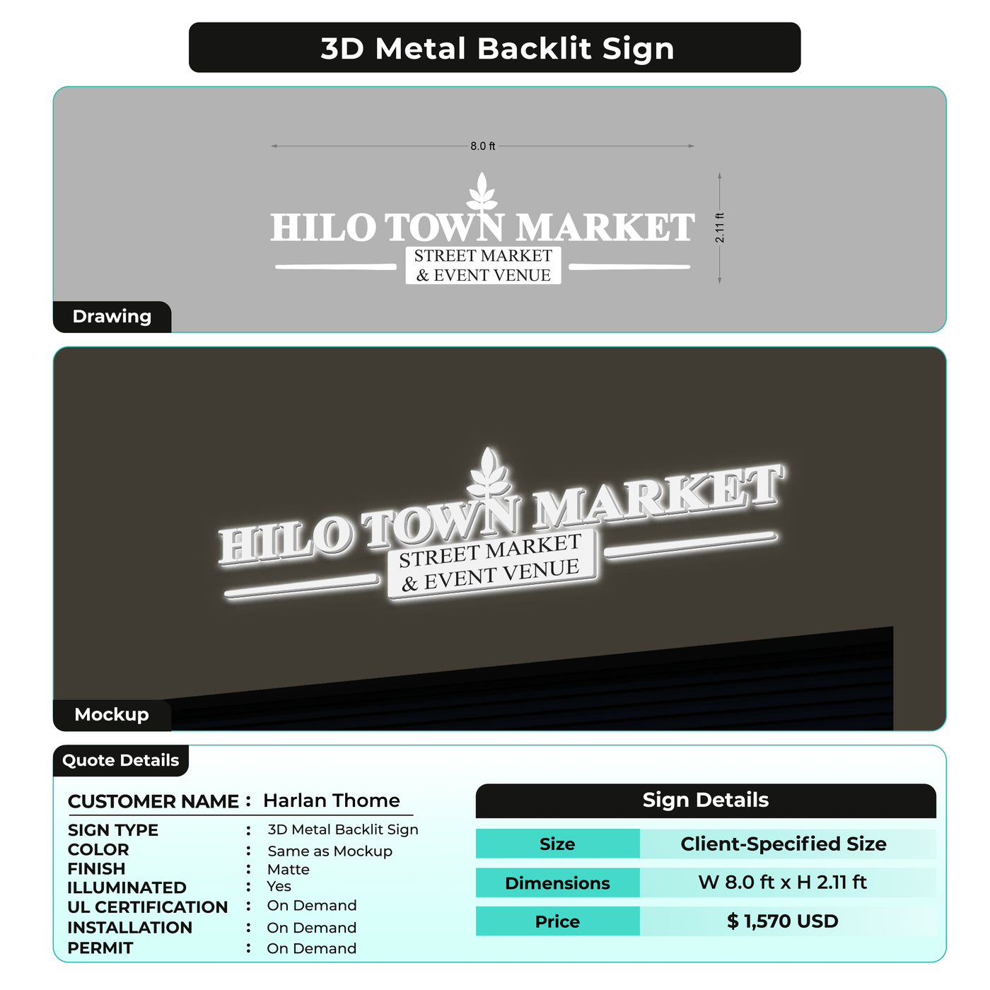 3D Metal non-lit sign for Harlan Thome