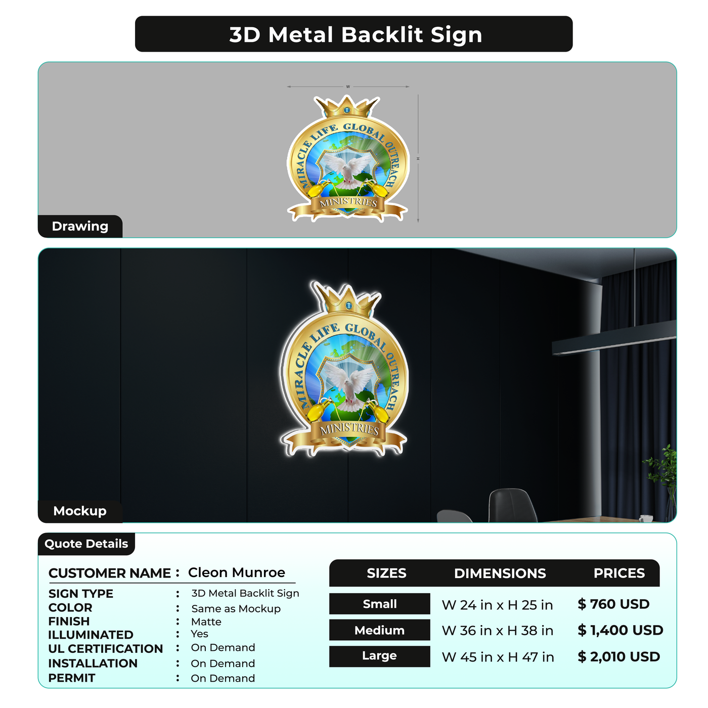 3D Metal Back-lit Sign For Cleon Munroe
