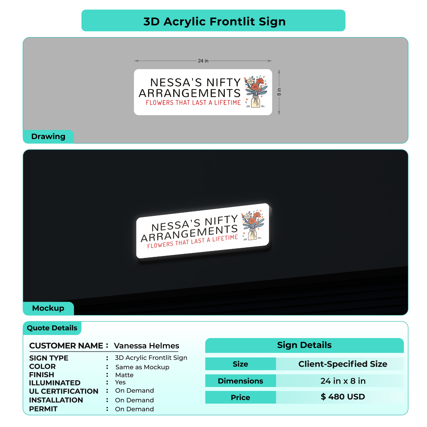 3D Acrylic Front-lit Sign For Vanessa Helmes