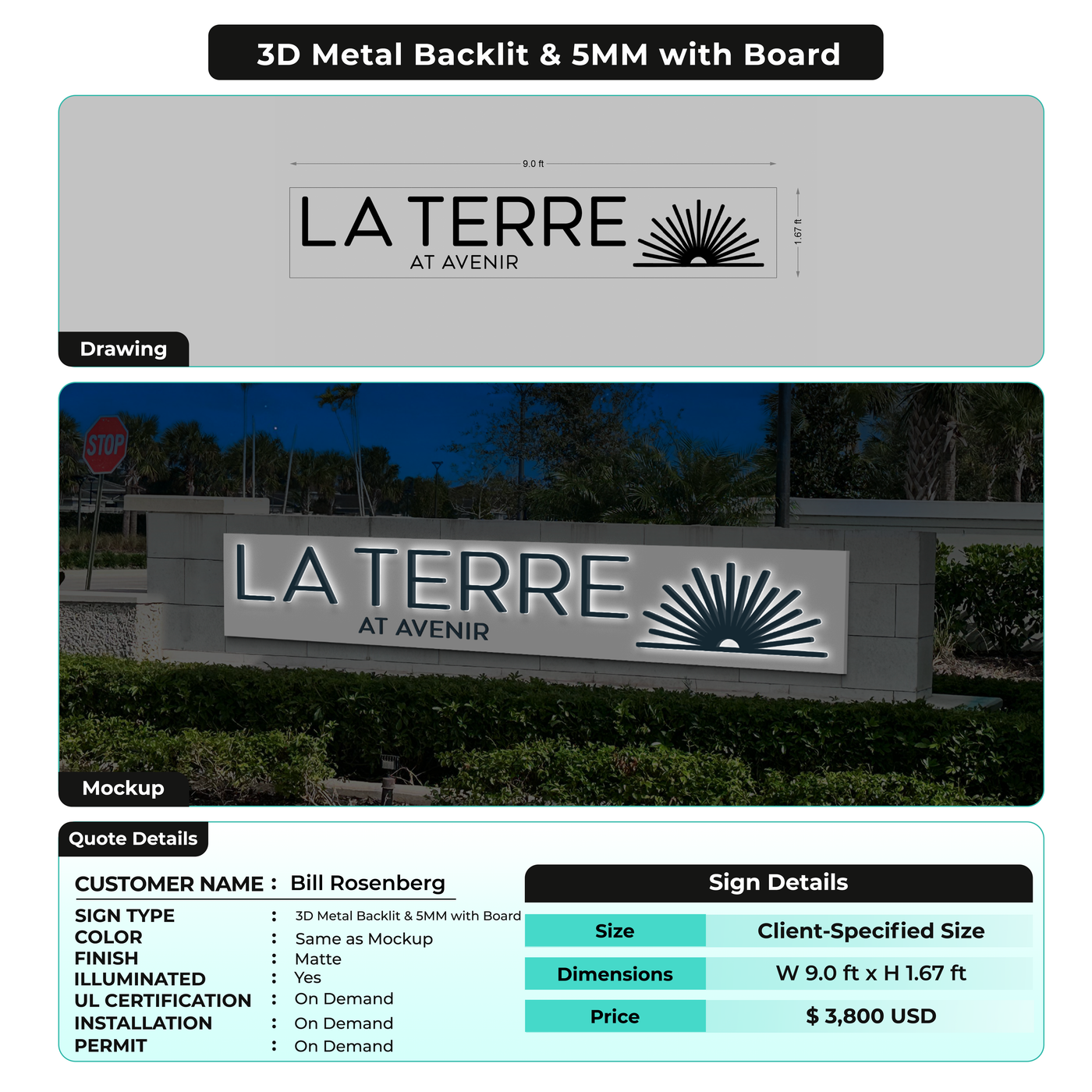 3D Metal Backlit + 5mm + Board  For Bill Rosenberg