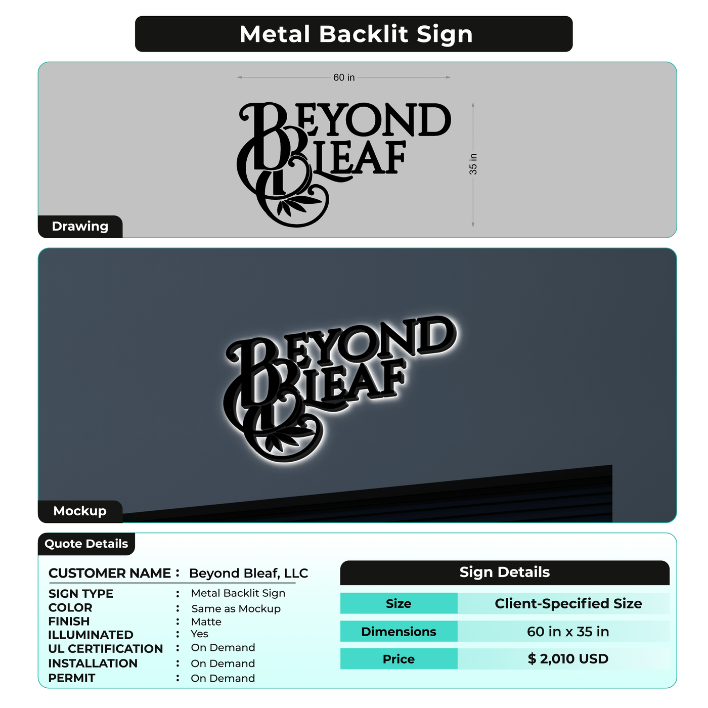 3D Metal Backlit Sign for Beyond Bleaf, LLC