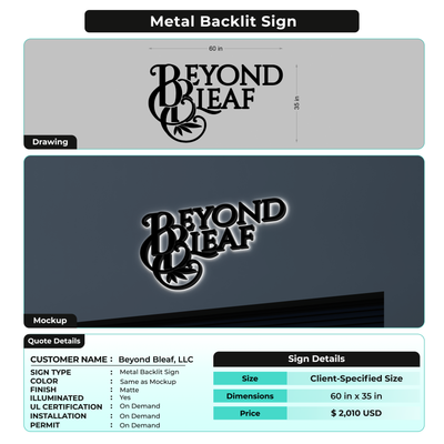 3D Metal Backlit Sign for Beyond Bleaf, LLC