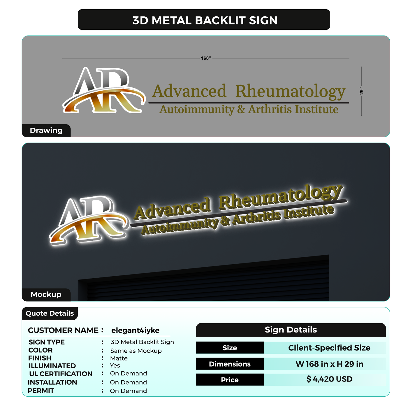 3D Metal Back-lit Sign For elegant4iyke
