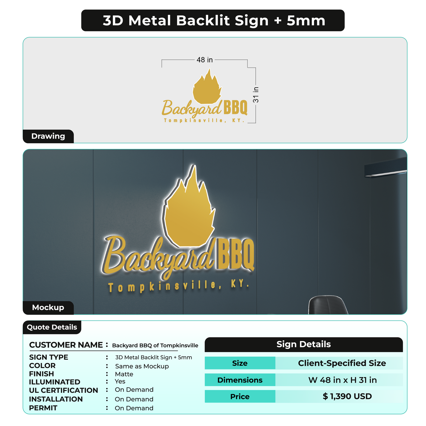 3D Metal Backlit + 5mm For Backyard BBQ of Tompkinsville