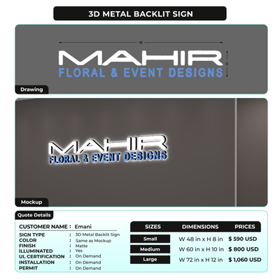 3D Metal Backlit Sign For Emani