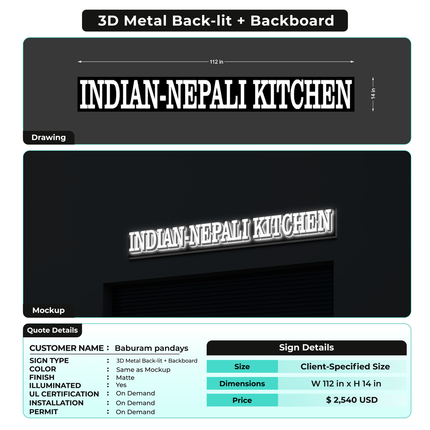 3D Metal Back-lit Sign for Baburam pandays