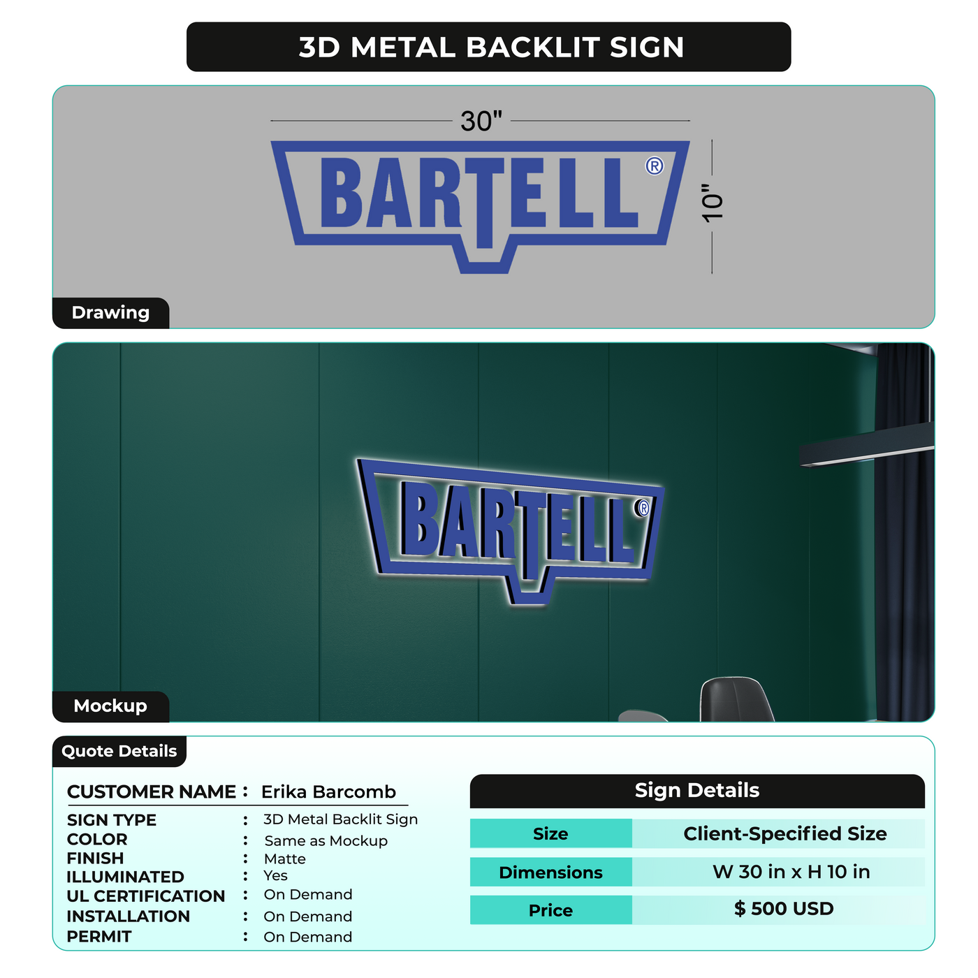 3d Metal Backlit Sign for Erika Barcomb