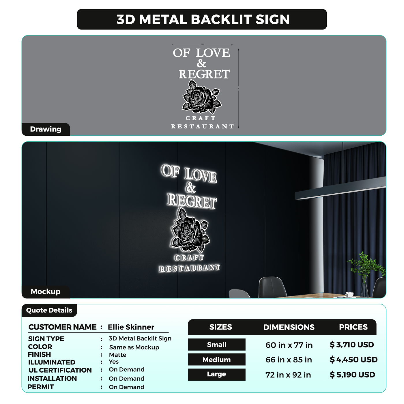 3D Metal Back-lit Sign For Ellie Skinner