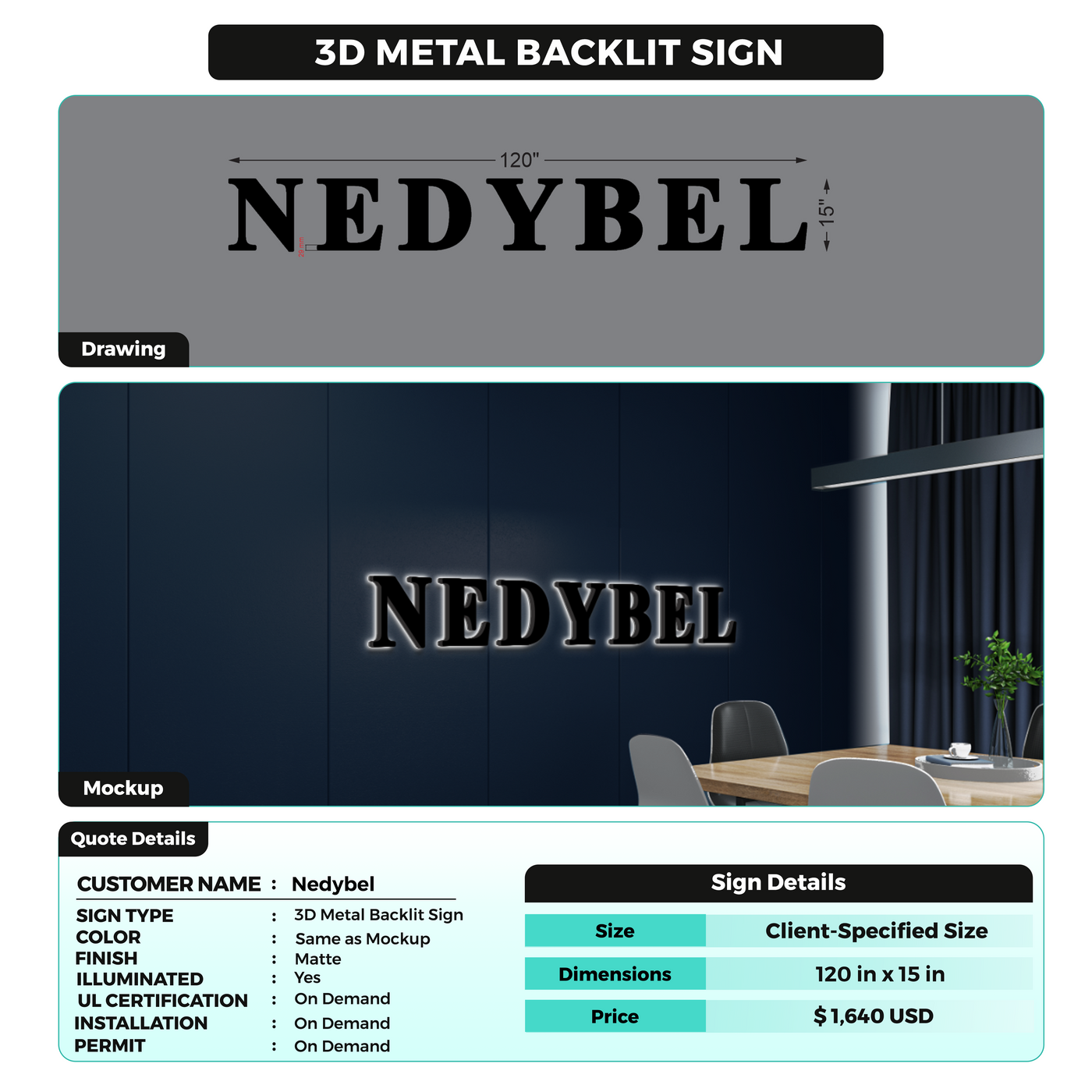 3D Metal Back-lit Sign For Nedybel