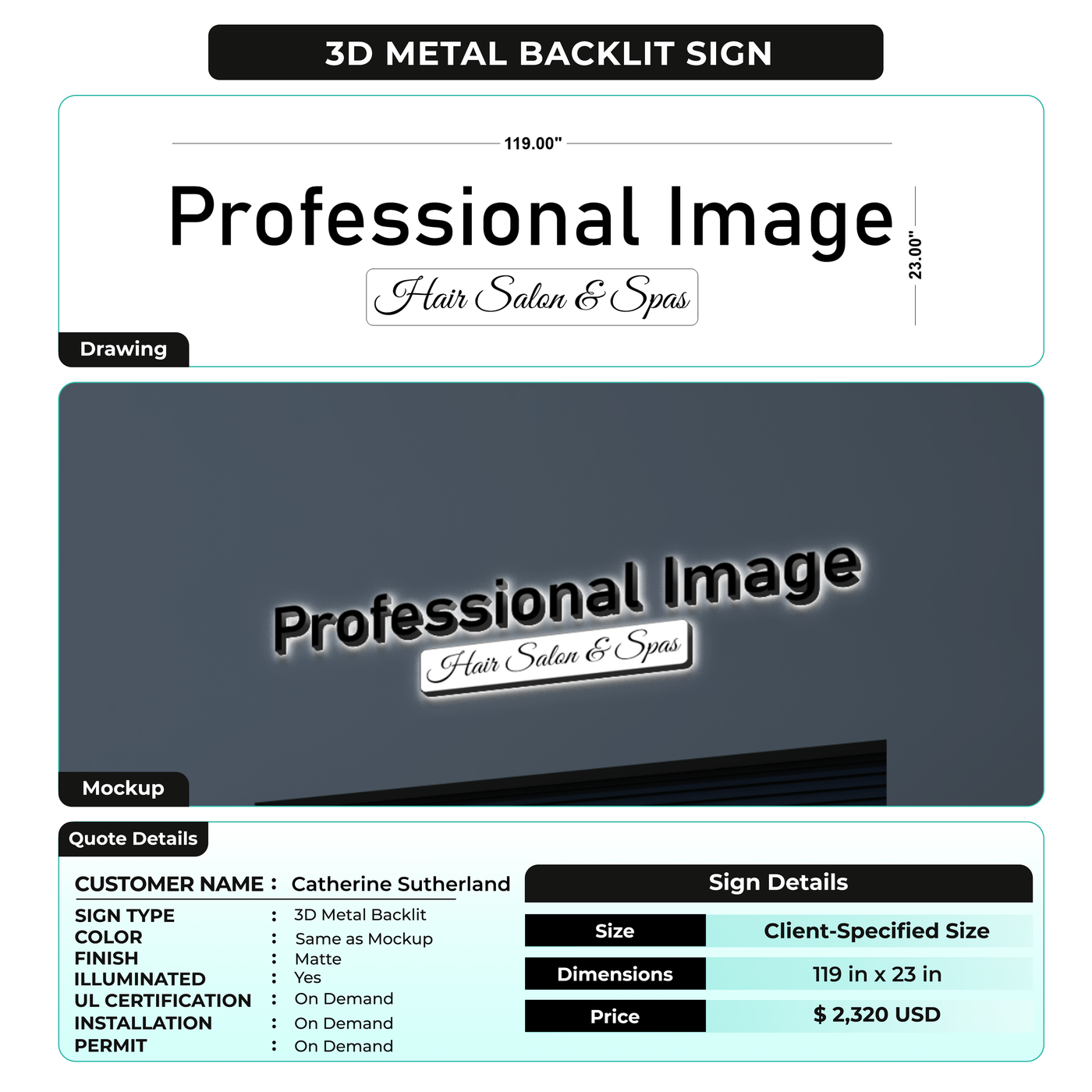 3d metal backlit sign for Catherine Sutherland