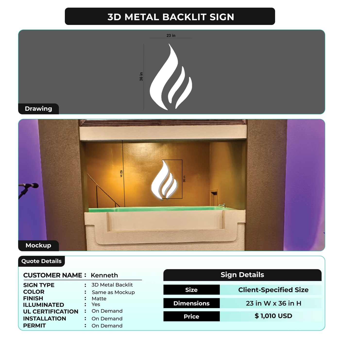 3D Metal Backlit Sign for Kenneth