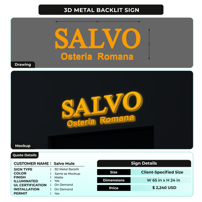 3D Metal Back-lit Sign For Salvo Mule