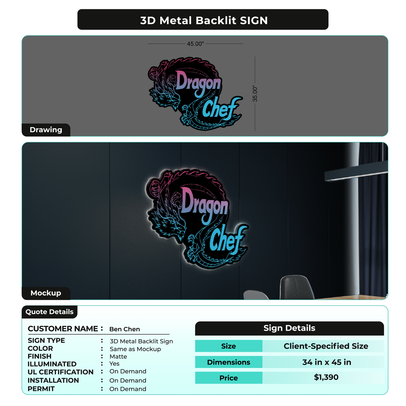 3D Metal Back-lit Sign For Ben Chen