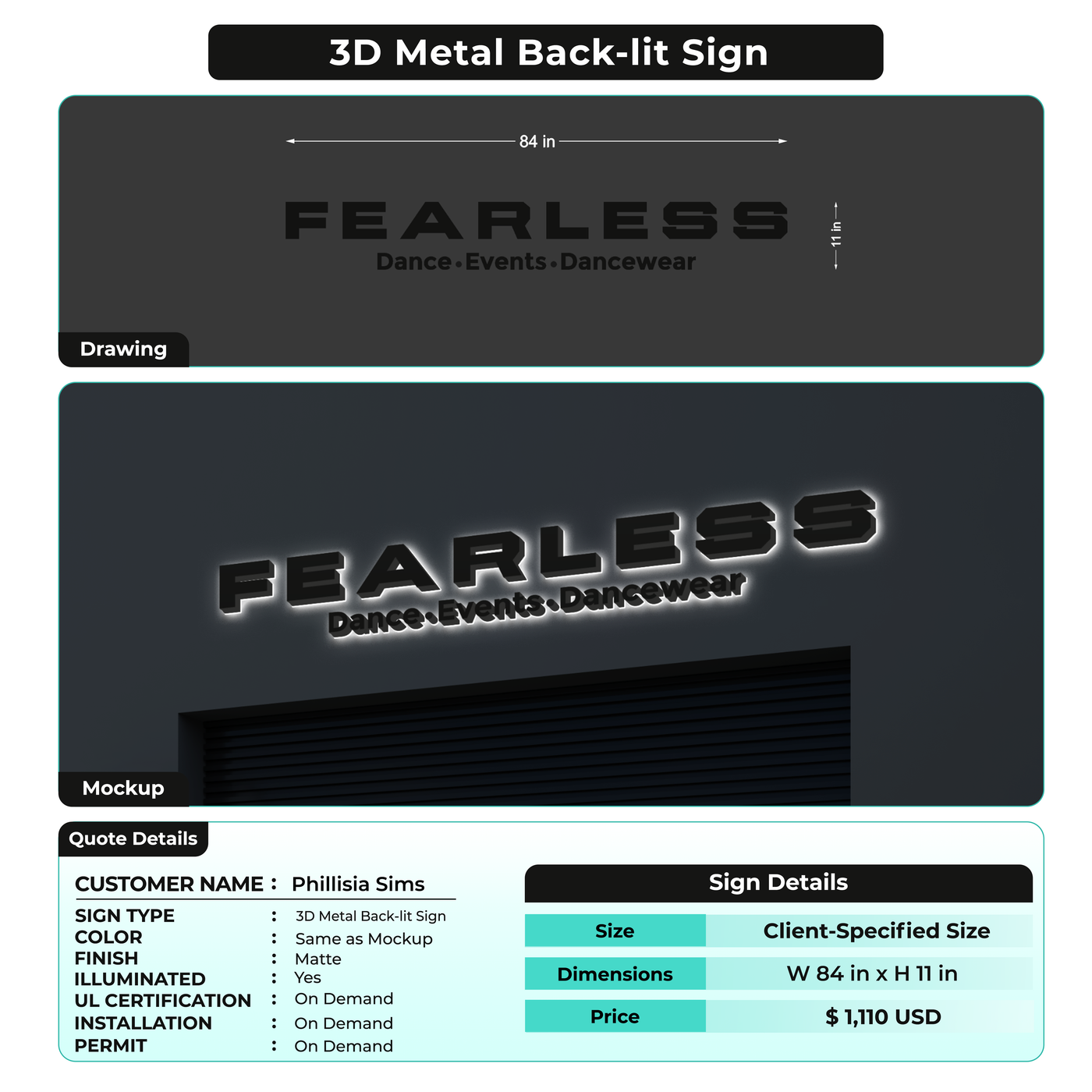 3D Metal Back-lit Sign For Phillisia Sims