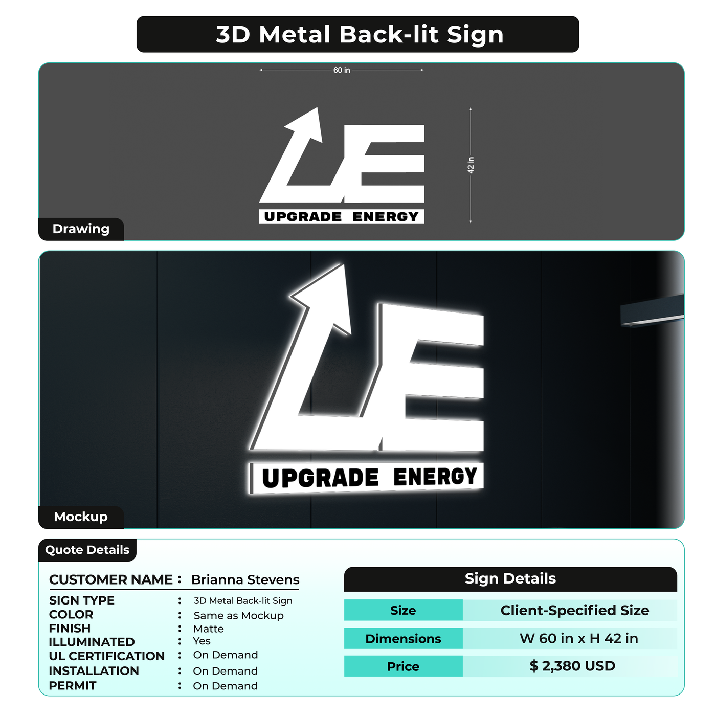 3D Metal Back-lit Sign For Brianna Stevens