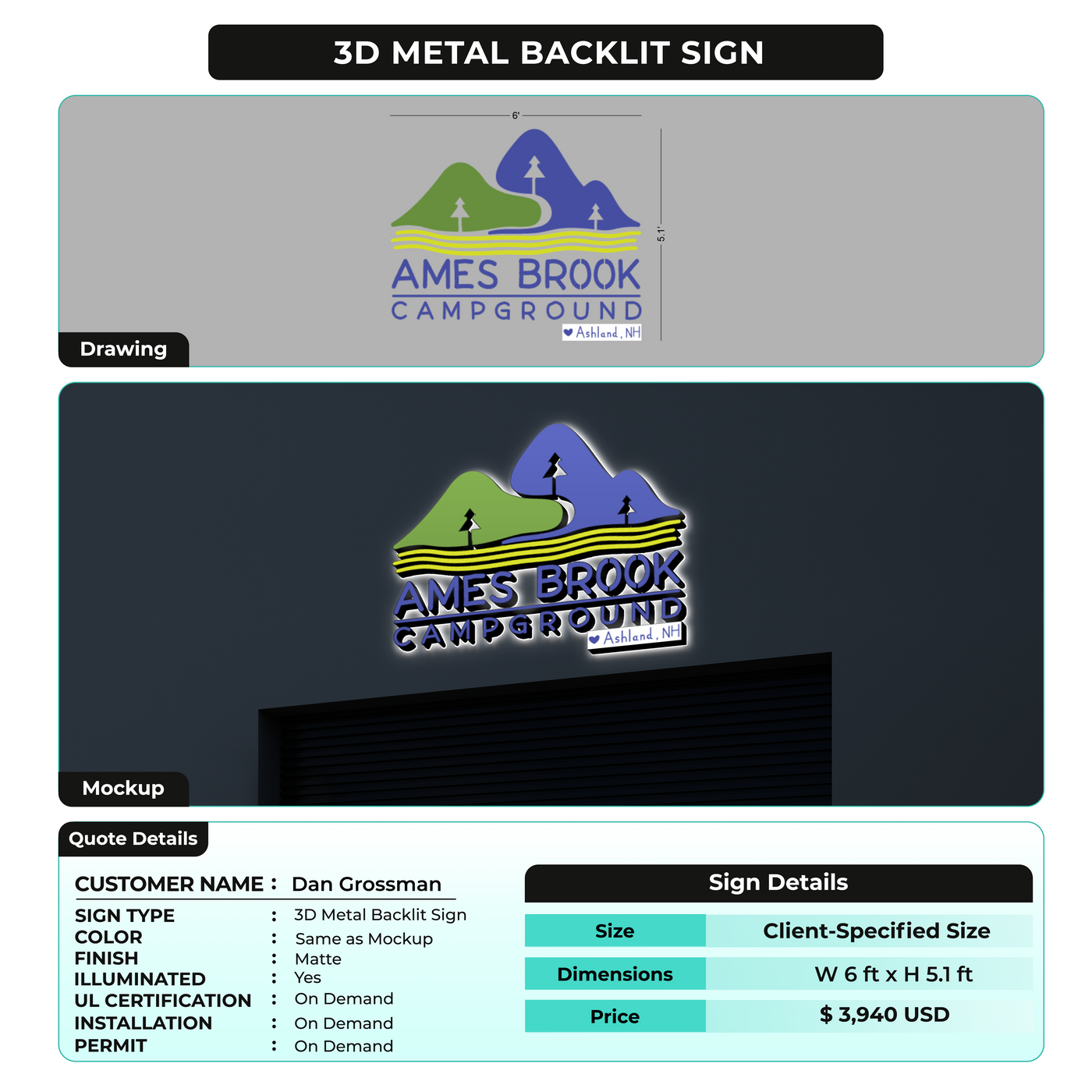 3D Metal Backlit Sign for Dan Grossman