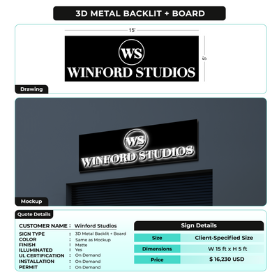 3d Metal Backlit Sign + Board for Winford Studios