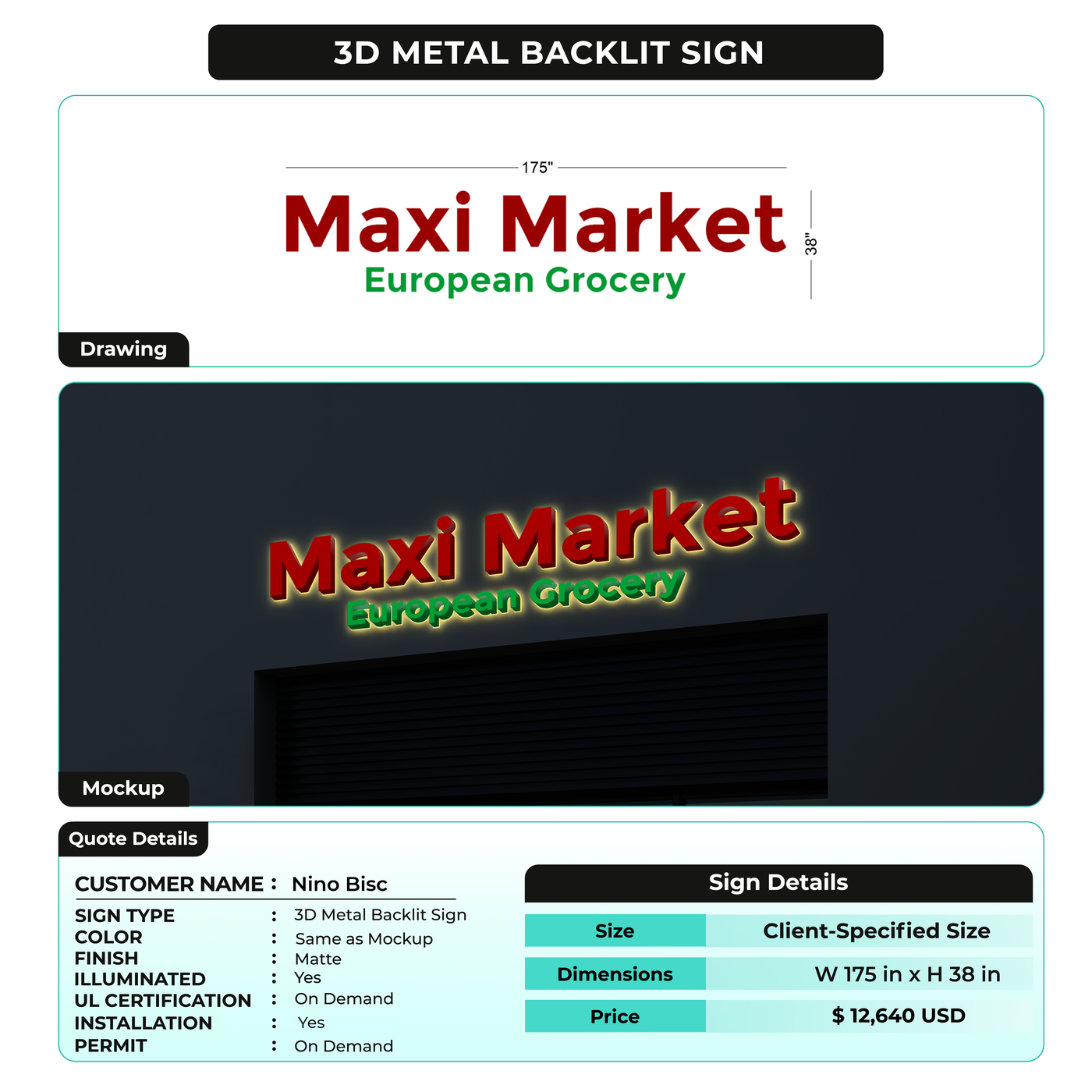 3D Metal Backlit Sign For Nino Bisc