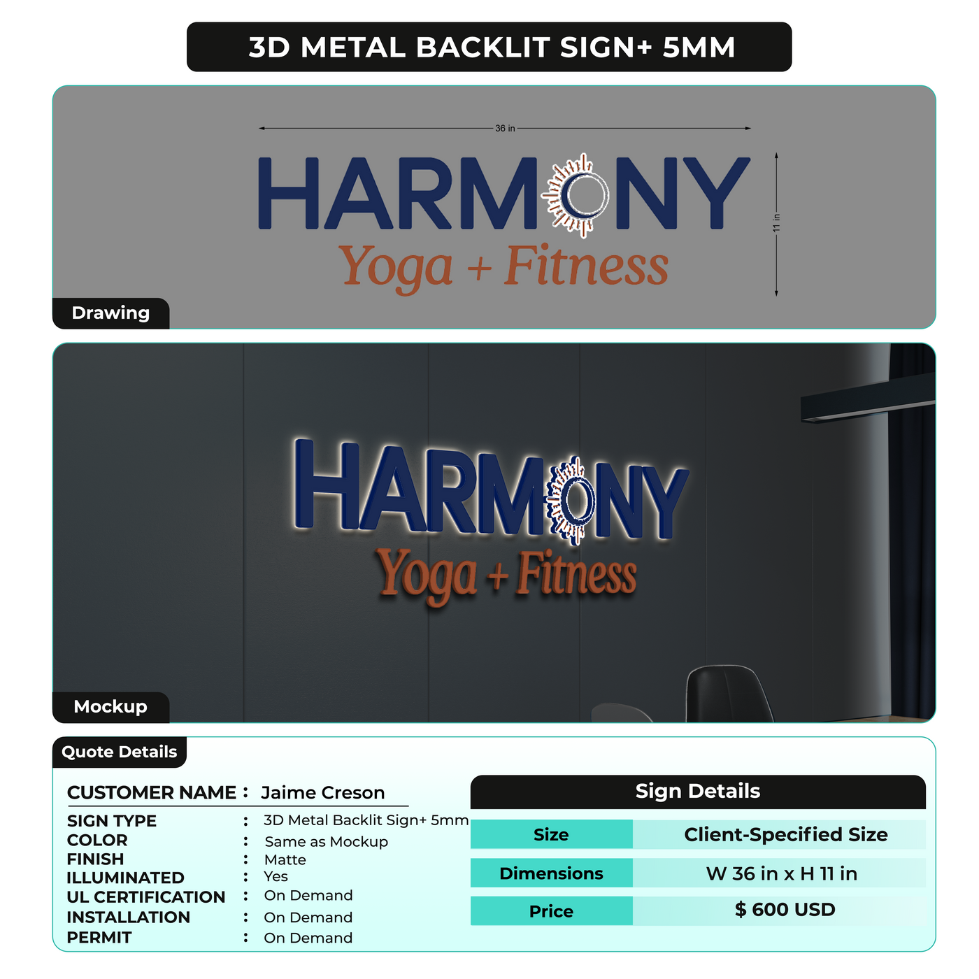 3d Metal Backlit Sign+ 5mm for Jaime Creson