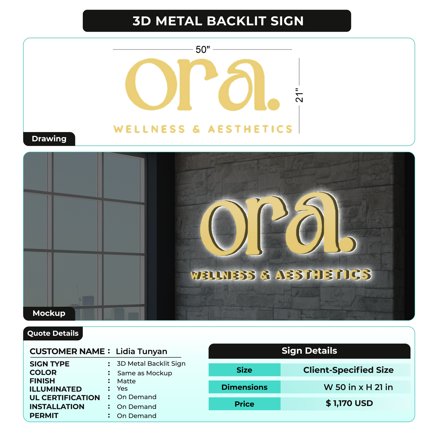 3D Metal Backlit Sign for Lidia Tunyan