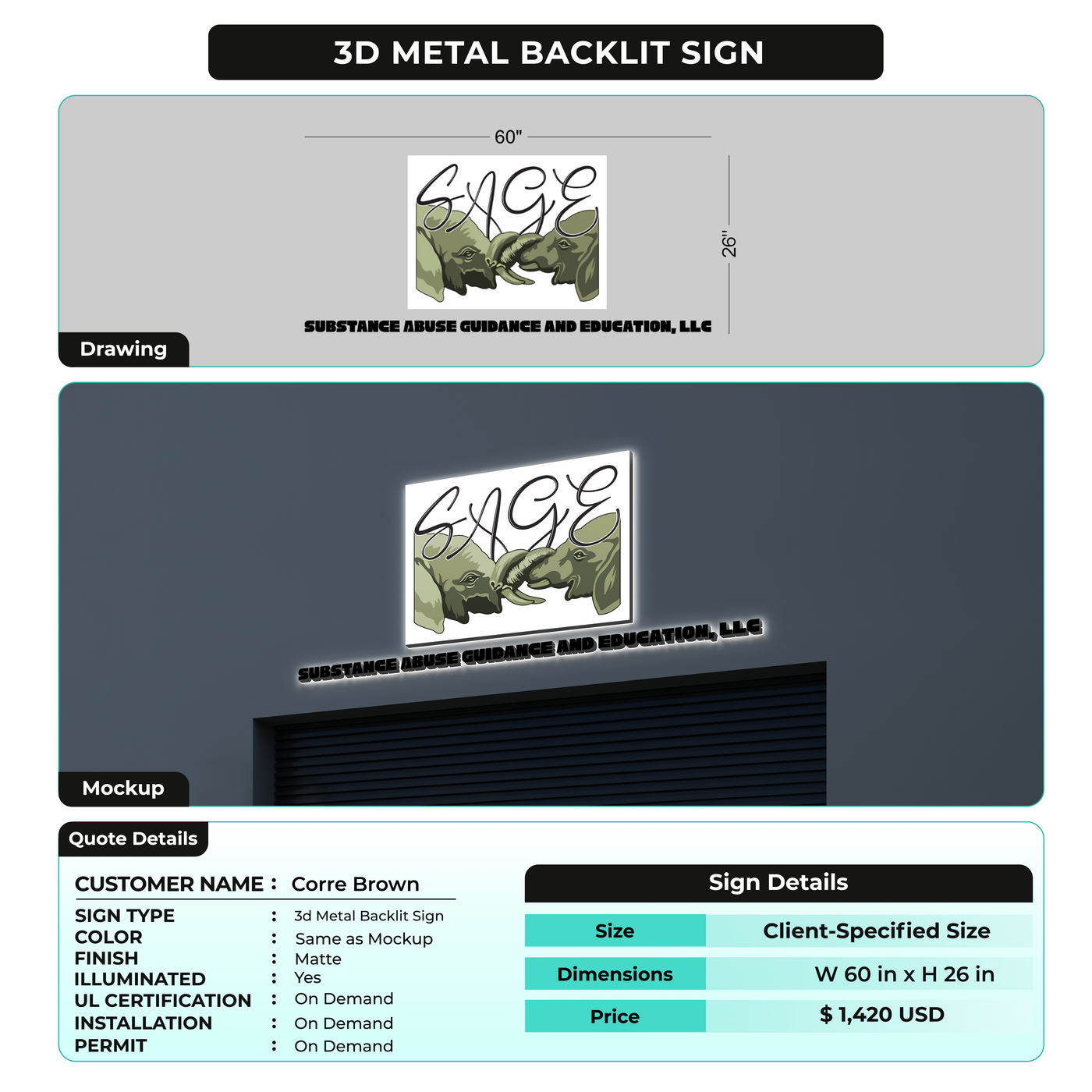 3D Metal Backlit Sign for Corre Brown