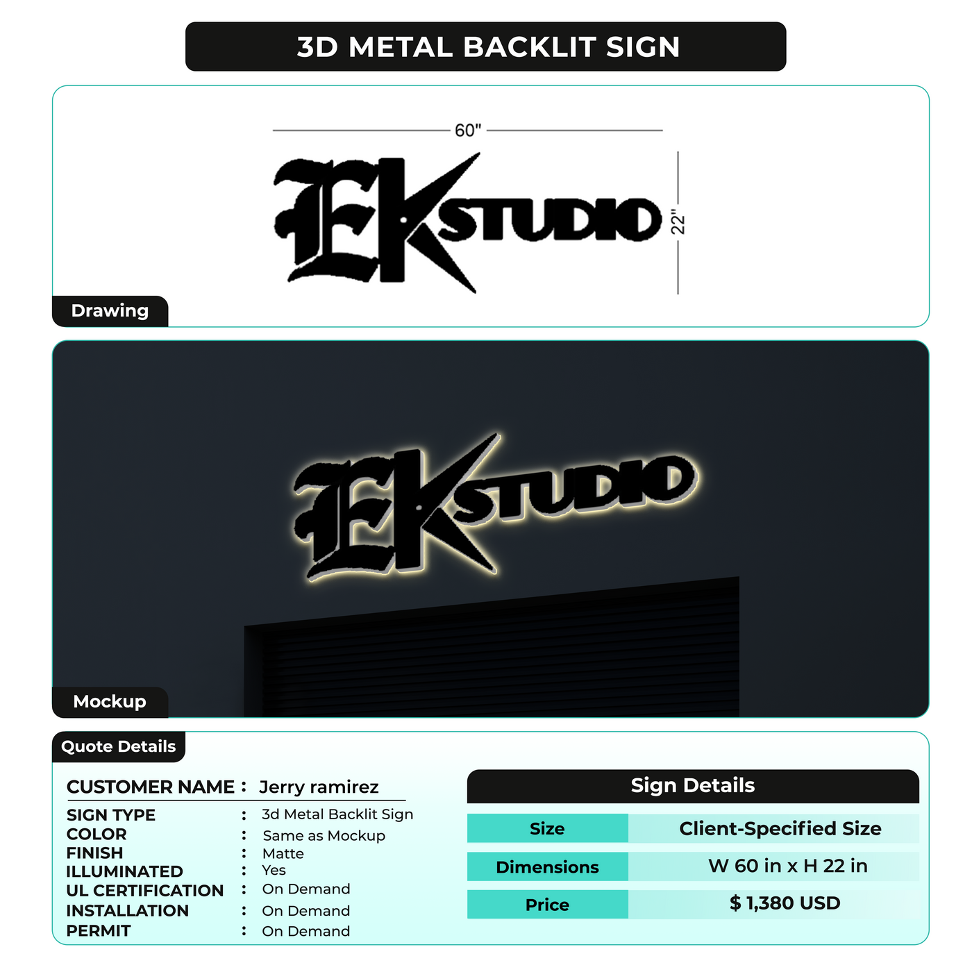 3D Metal Backlit Sign for Jerry ramirez