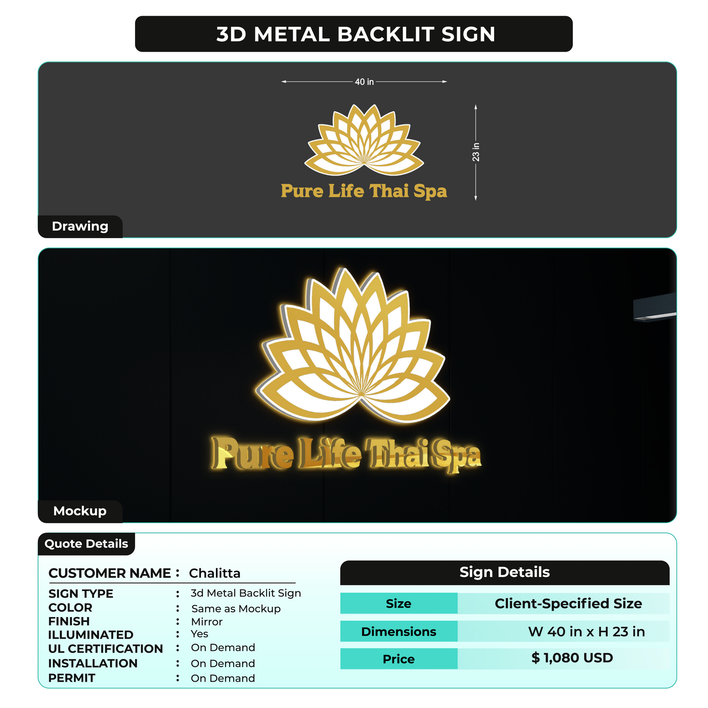 3D metal Back-lit Sign For Chalitta