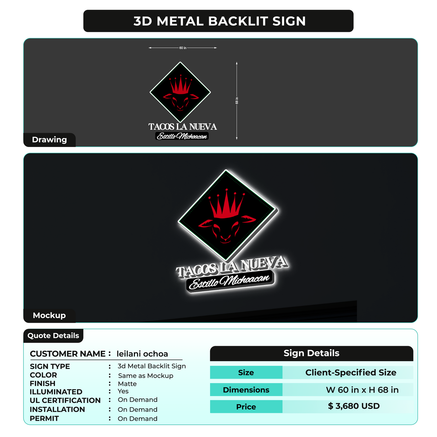 3D Metal Back-lit Sign For leilani ochoa