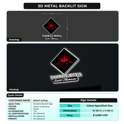3D Metal Back-lit Sign For leilani ochoa