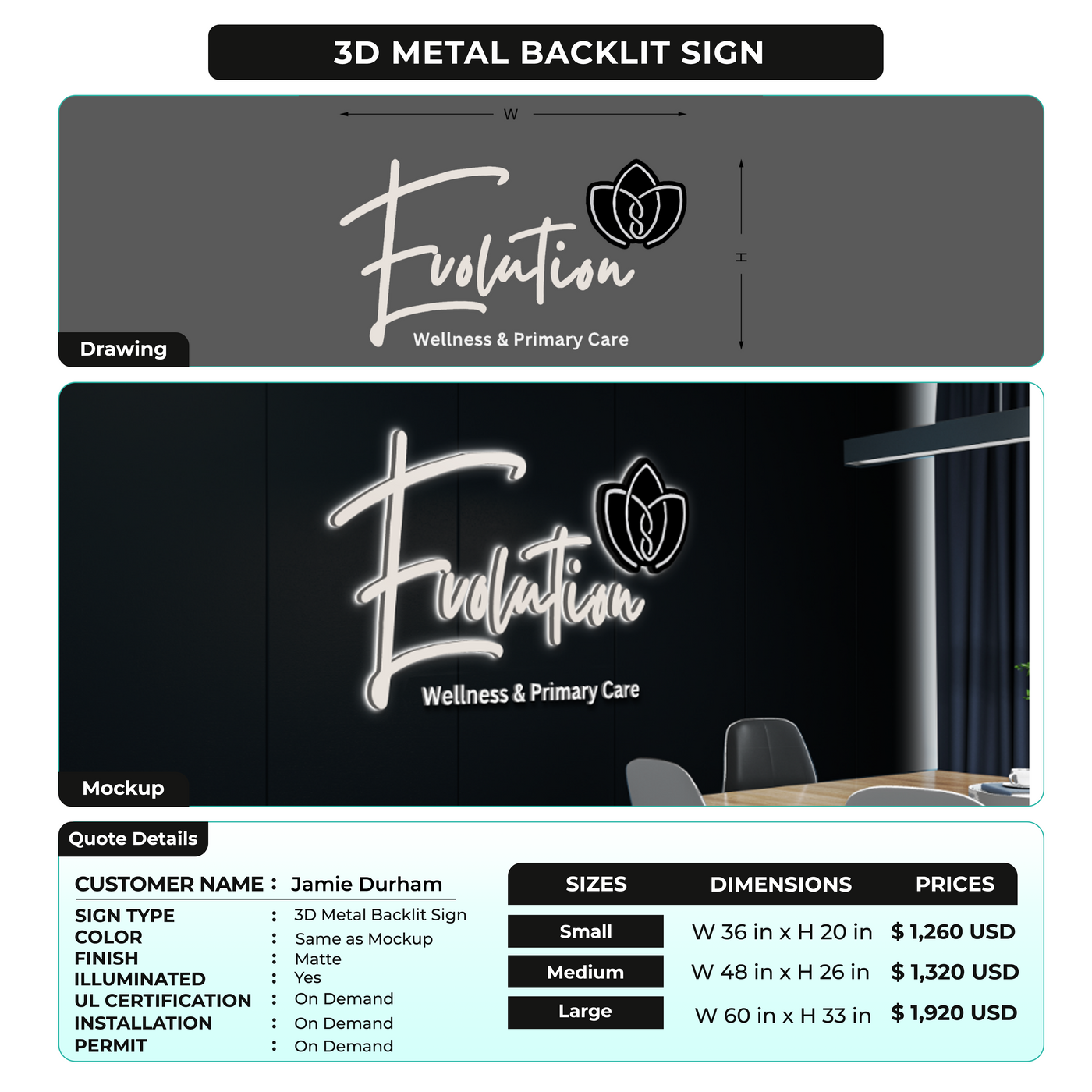 3D Metal Back-lit Sgn For Jamie Durham