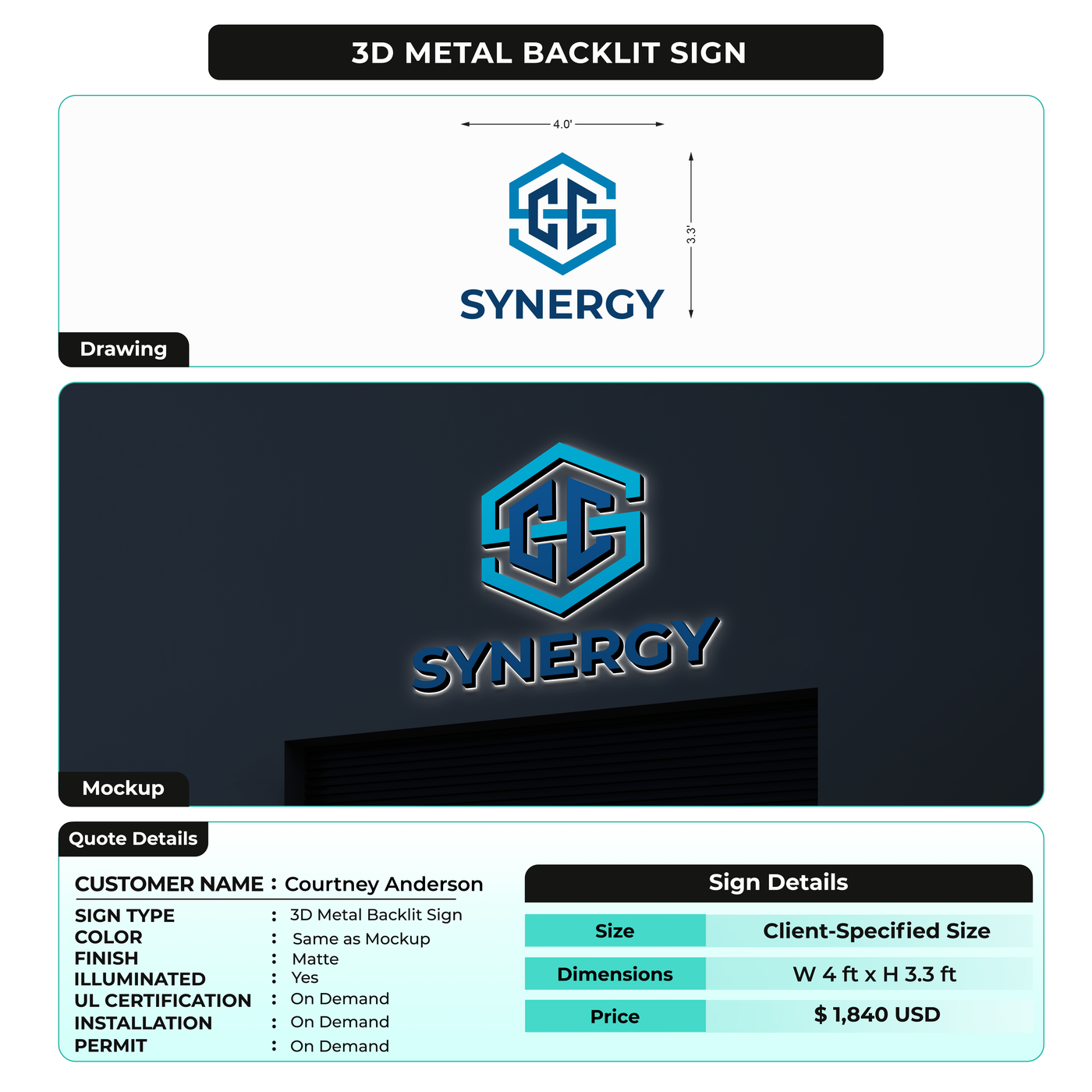 3D Metal Backlit Sign for Courtney Anderson