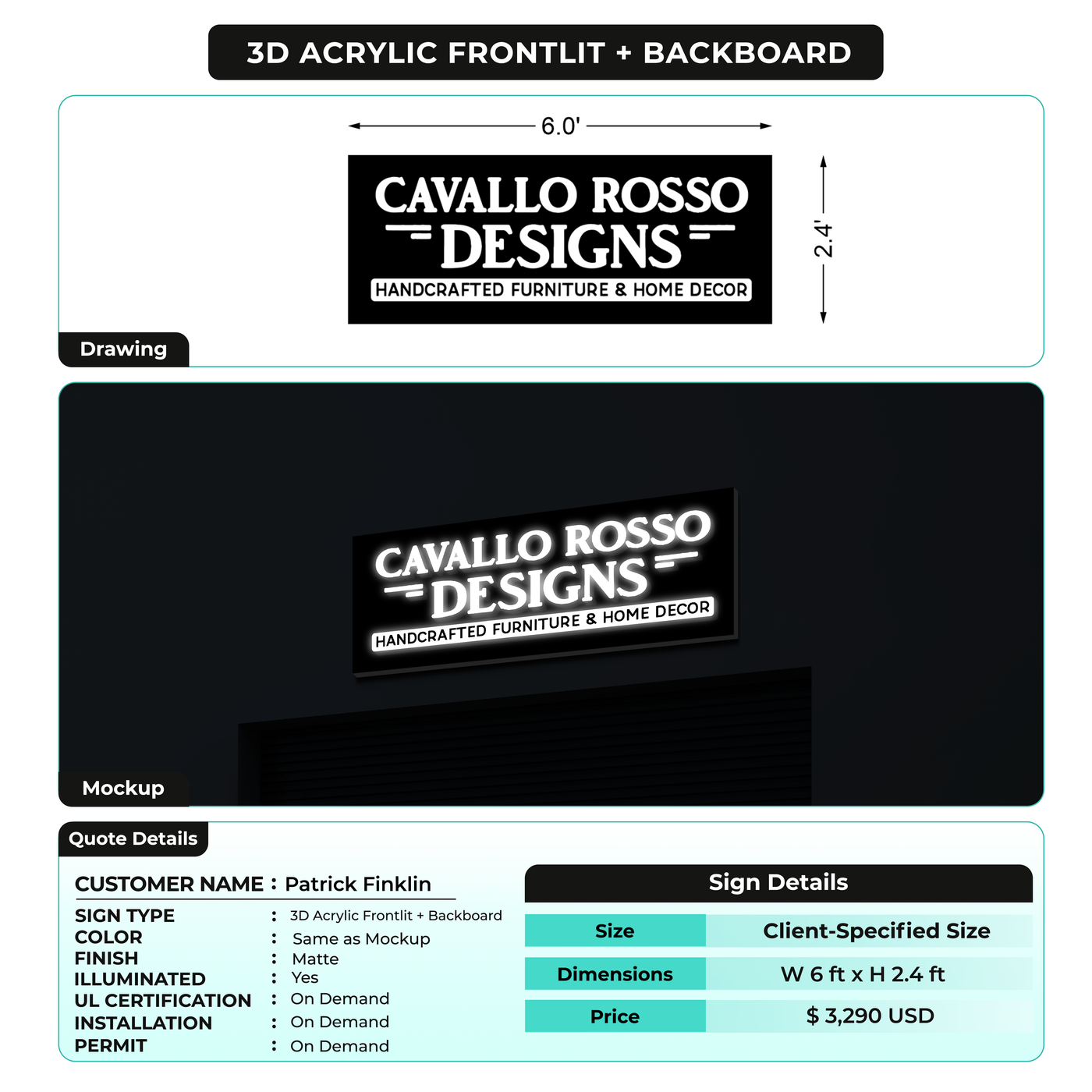 3D Acrylic Frontlit with backboard Sign for Patrick Finklin