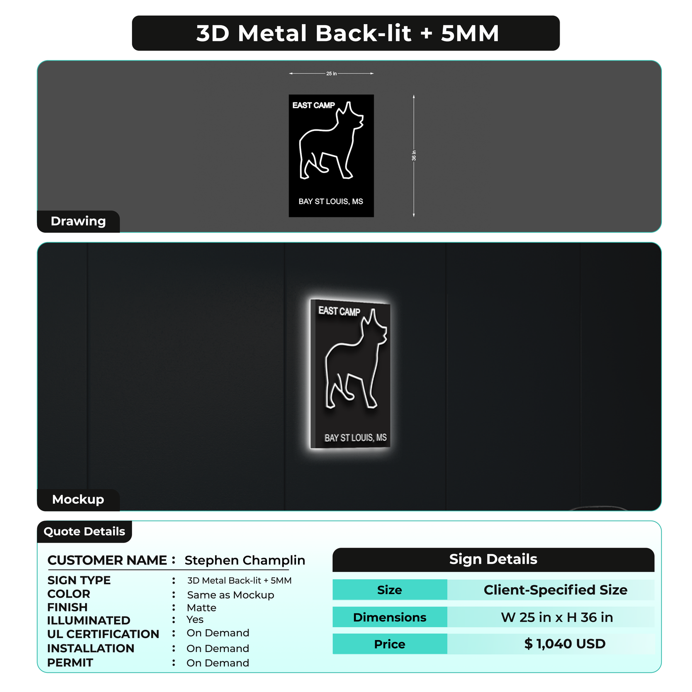 3D Metal Backlit For Stephen Champlin