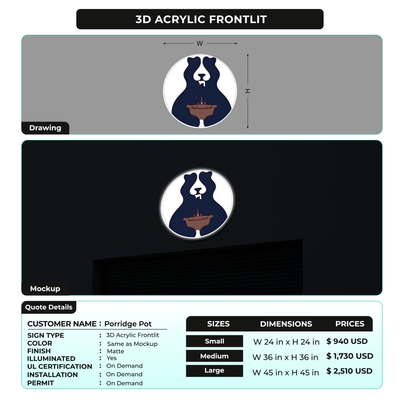 3D Acrylic frontlit for Porridge Pot