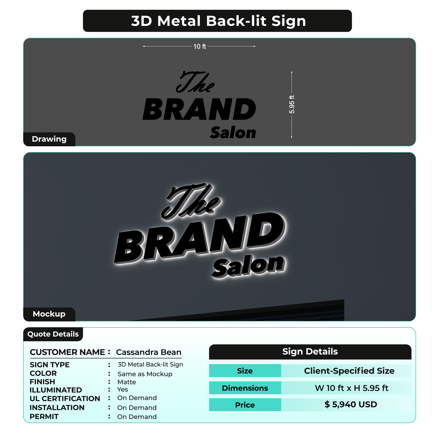 3D Metal Back-lit Sign For Cassandra Bean