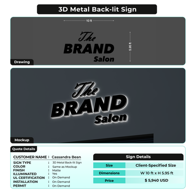 3D Metal Back-lit Sign For Cassandra Bean