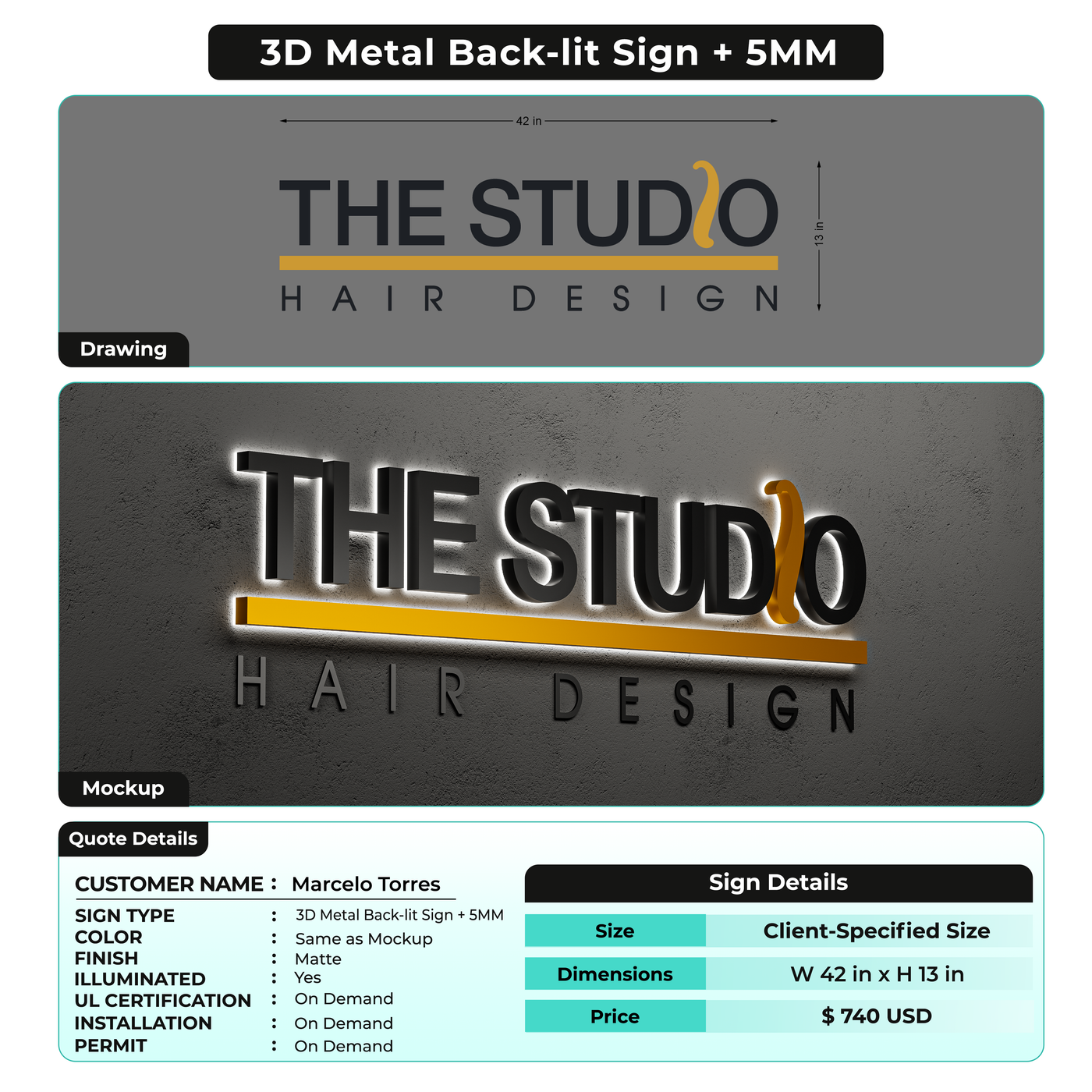 3D Metal Backlit Sign + 5MM for Marcelo Torres