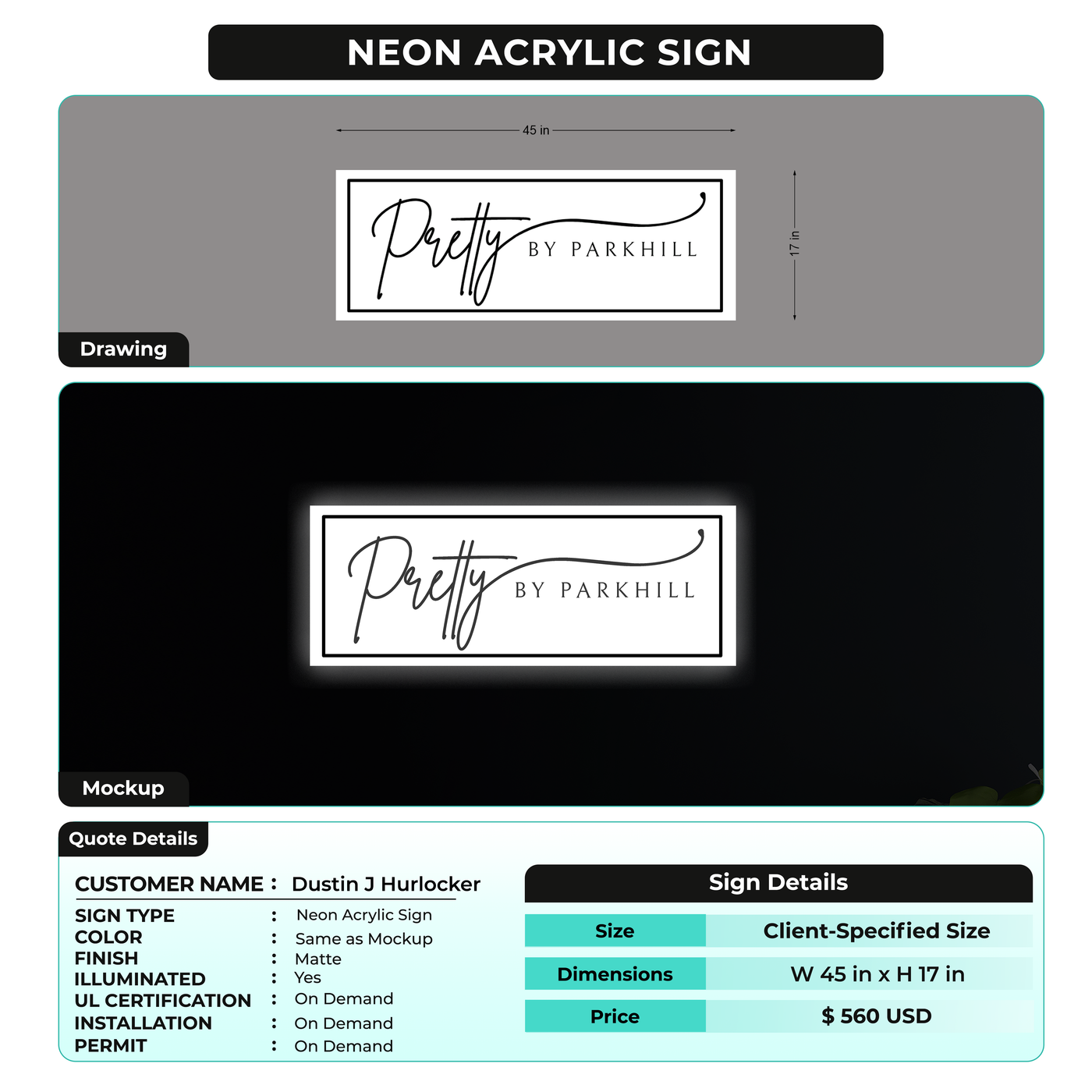Neon Acrylic Sign For Dustin J Hurlocker