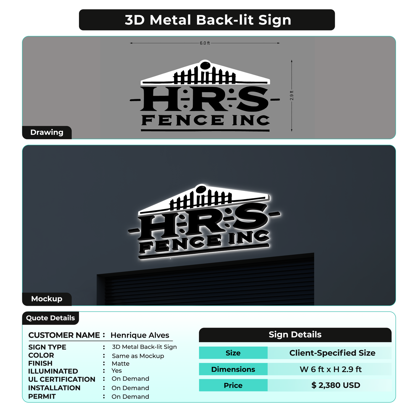 3D Metal Back-lit Sign For Henrique Alves