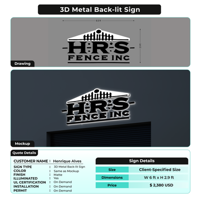 3D Metal Back-lit Sign For Henrique Alves