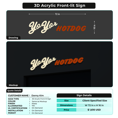 3d Acrylic Frontlit Sign  FOR Danny Kim